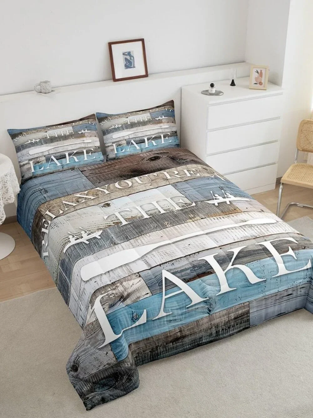 Rustic Farmhouse Comforter Set Lake Cabin Bedding Set King Size Blue Grey Retro